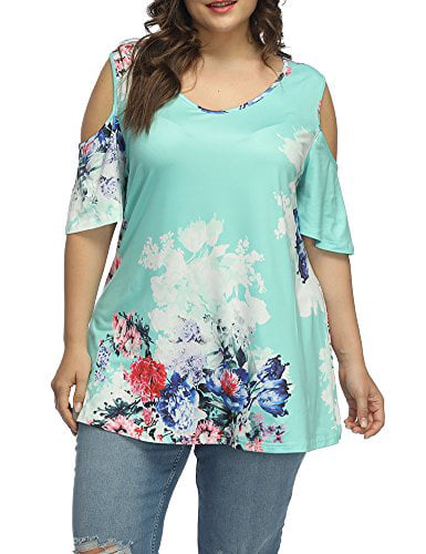 ALLEGRACE Women's Plus Size Floral Printing Cold Shoulder Tunic Top Short Sleeve V Neck T Shirts 