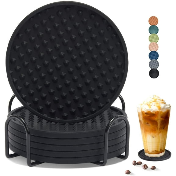 Silicone Drink Coasters Set of 6 in Holder, Cup Coaster for Drinks Deep Grooved Absorbent Coaster Protect Furniture from Damage Cup Mat(Black)