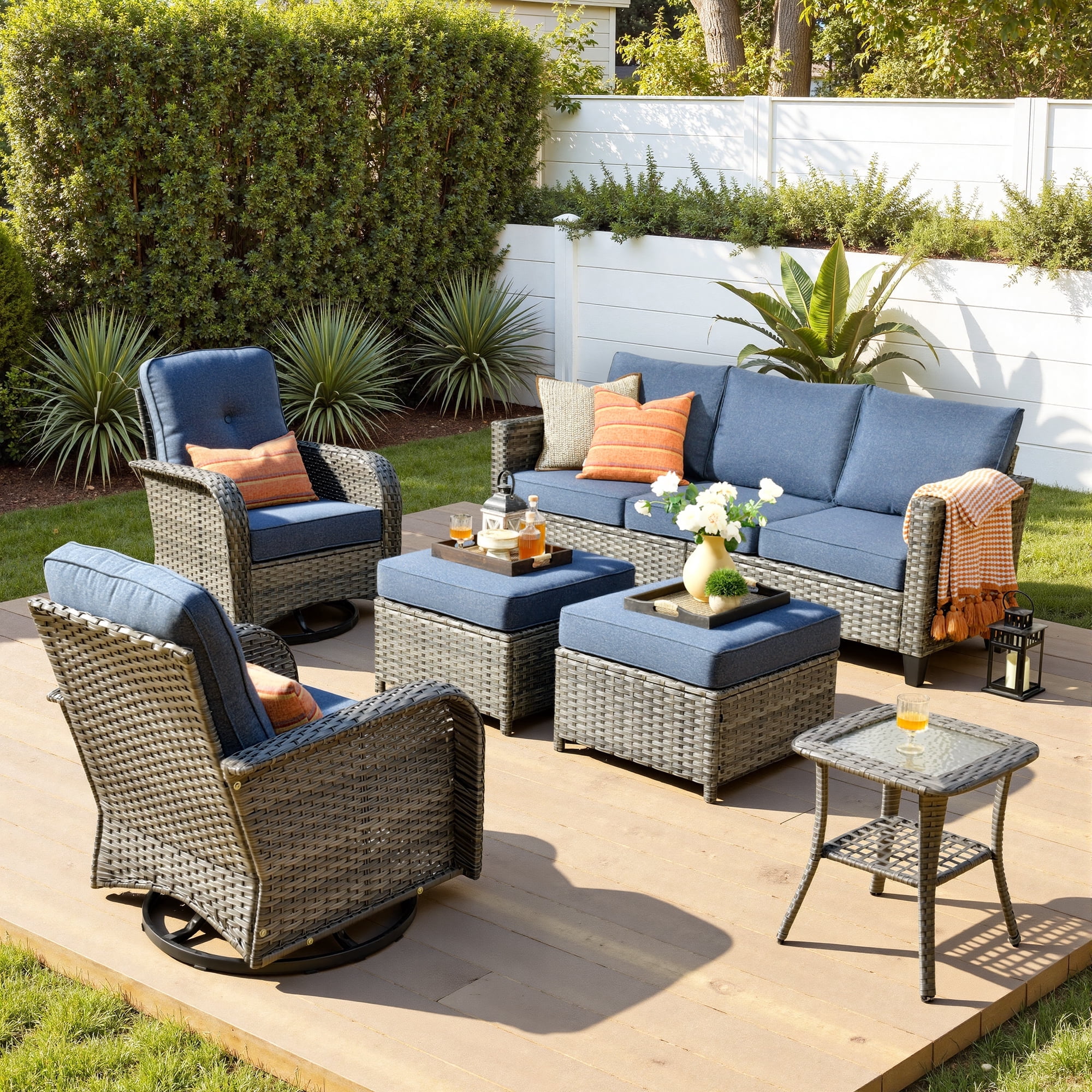 Ovios 6 Pieces Outdoor Patio Furniture Set All-Weather Wicker Rattan Sectional Sofa with Swivel Chairs Ottomans Side Table