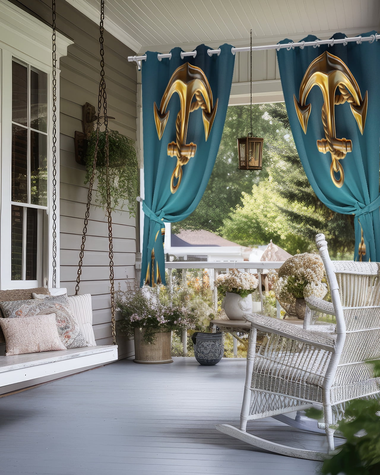 Outdoor Curtains for Patio, Yellow Anchor Waterproof Blackout Outside Curtain for Porch/Pergola/Gazebo, Coastal Nautical Anchor Turquoise Thermal Insulated Drapes for Cabana, 2 Panels, 54 x 84 Inch