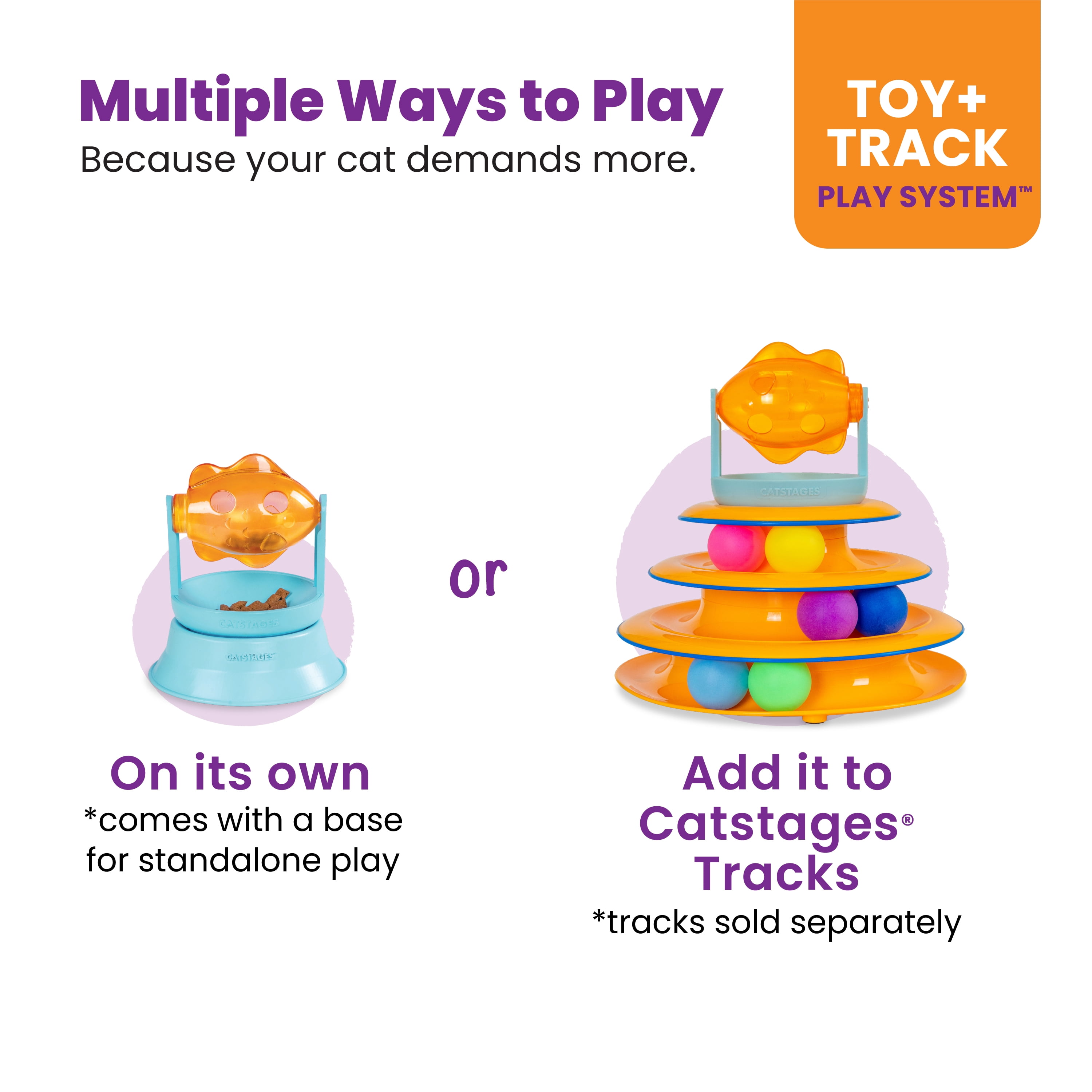 Catstages 2-in-1 Spinning Fish Treat Dispenser Cat Toy – Interactive Puzzle Feeder & Cat Ball Track Add-On, Blue