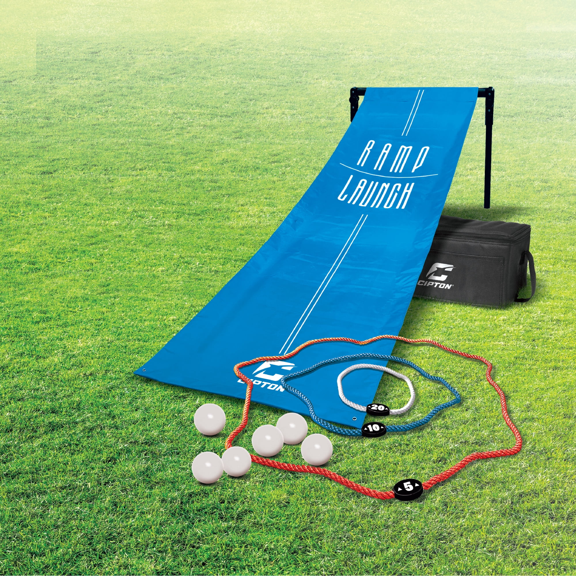 CIPTON Ramp Launch Outdoor Game Set – 7ft Launch Ramp with Stand, 3 Scoring Rings & 6 Balls, Portable Lawn Toss Game, Carry Bag Included