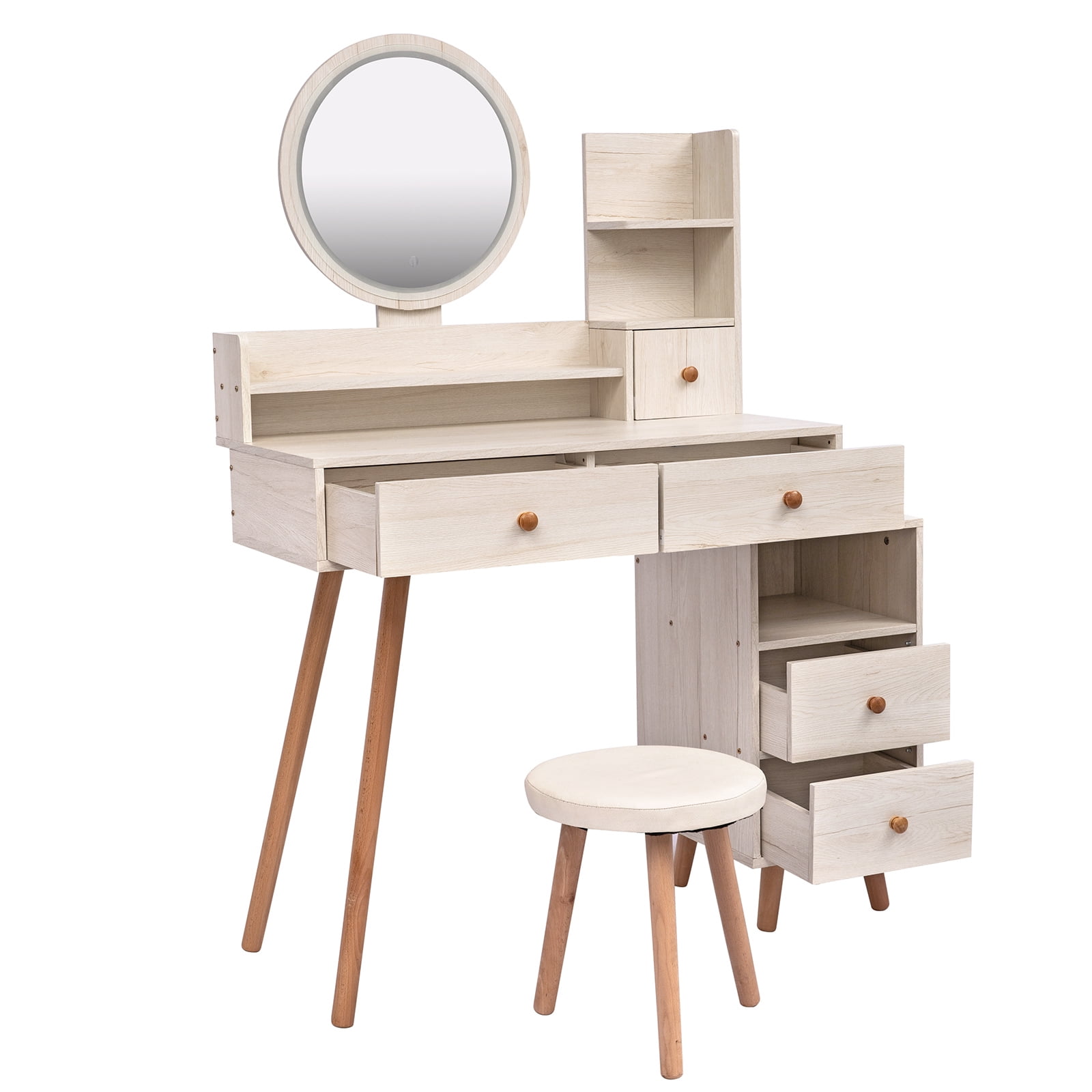 AENKYO Vanity Table Set with Touch LED Mirror & Stool, 5-Drawer Storage, Adjustable Makeup Desk for Girls & Women - White