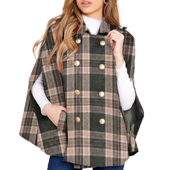 Women Plaid Cape Coat Stand Collar Double‑Breasted Sleeveless Poncho Jacket