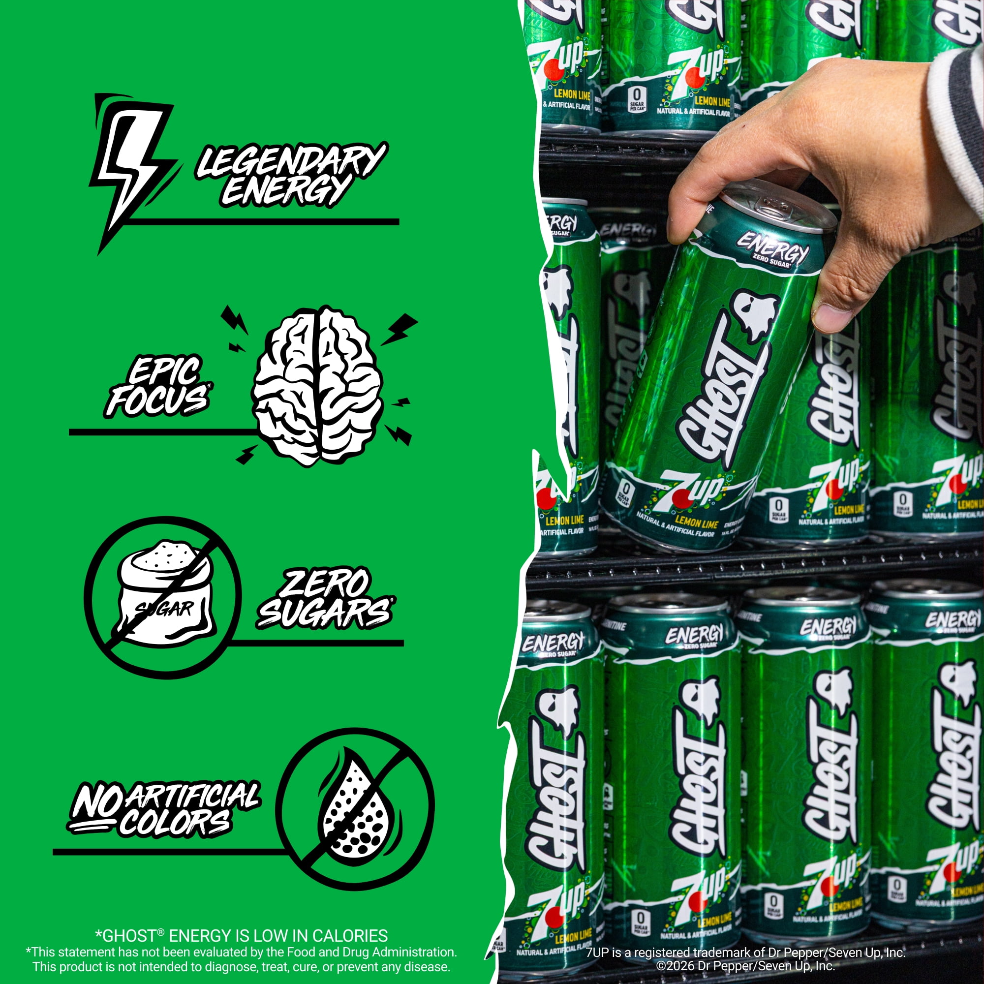 GHOST® ENERGY Zero Sugars Energy Drink, 7UP Lemon Lime, 200mg Natural Caffeine, 16 fl oz Can