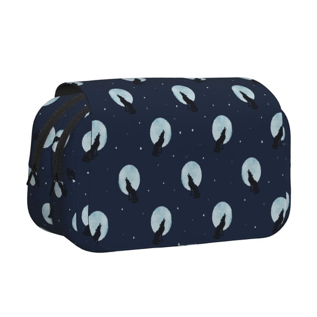 Disketp Wolf And Moon Estuche de Lápices de Doble Capa con Tapa Abatible y Cremallera, Organizador Escolar para Adolescentes y Adultos