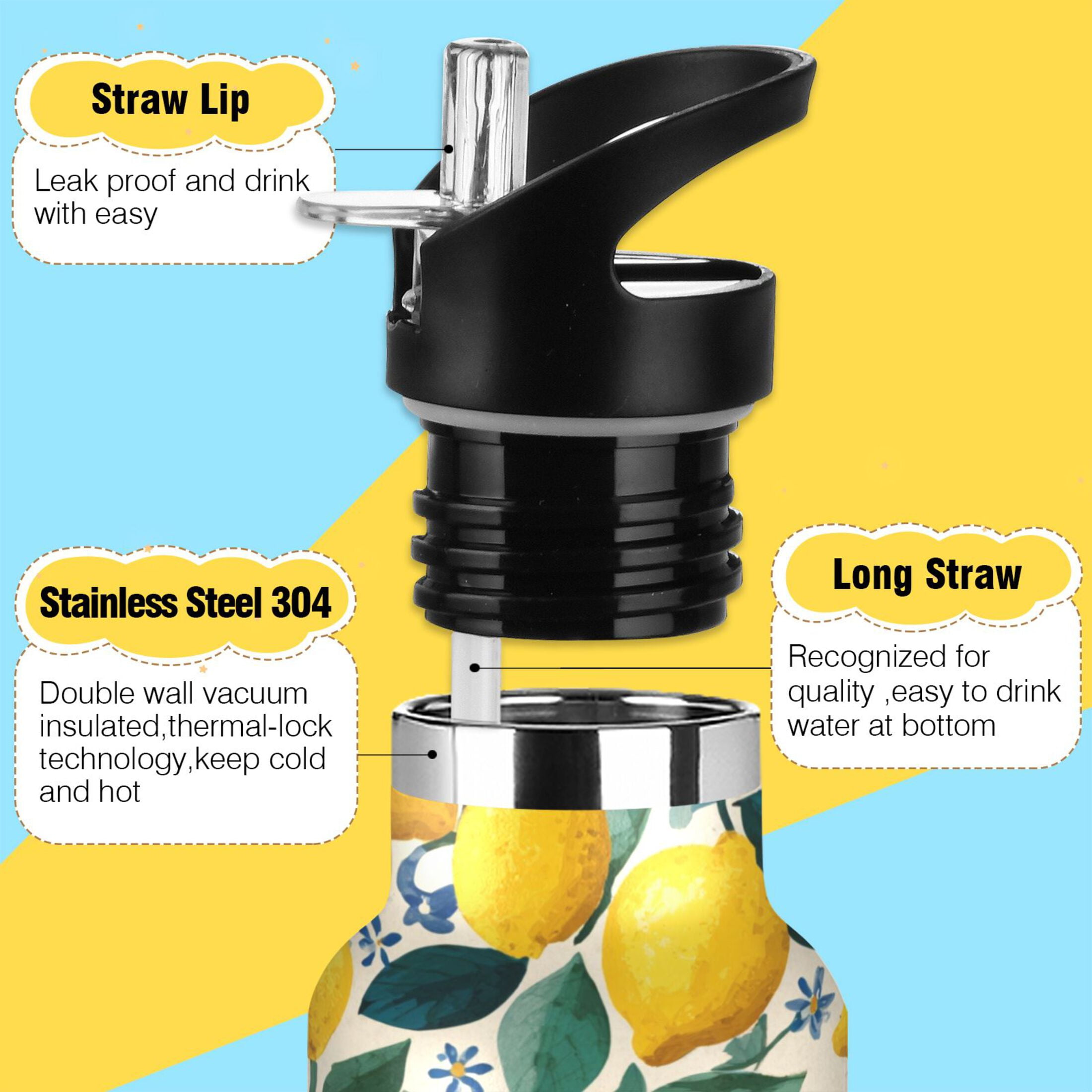 600ML Stainless Steel Insulated Cup Sports Water Bottle Portable Thermos Cup Water Glasses Insulated Tumblers Convenient and Durable Yellow Lemon Seamless