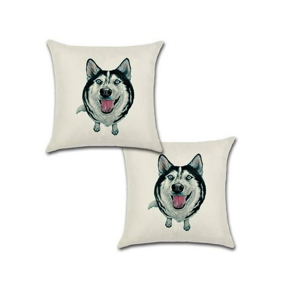 Set of 2 Pillow Covers 18x18, Cute Siberian Husky Dog Design Cotton Linen Fabric Blue Eyes Husky Decorative Indoor / Outdoor Throw Pillow Case Set 45x45cm