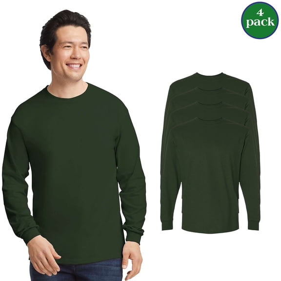 Gildan Adult’s Ultra Cotton Long Sleeve T-Shirt, Sustainable Comfort Forest Green Tee, 4 Pack, S