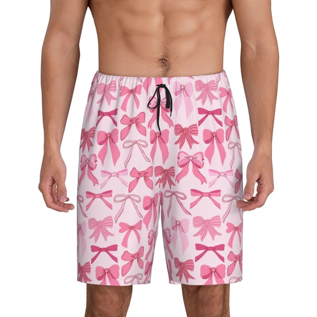 Balery Pink bows Pantalones cortos de pijama de punto de algodón para hombre con cinturilla y bolsillos-3X-Large
