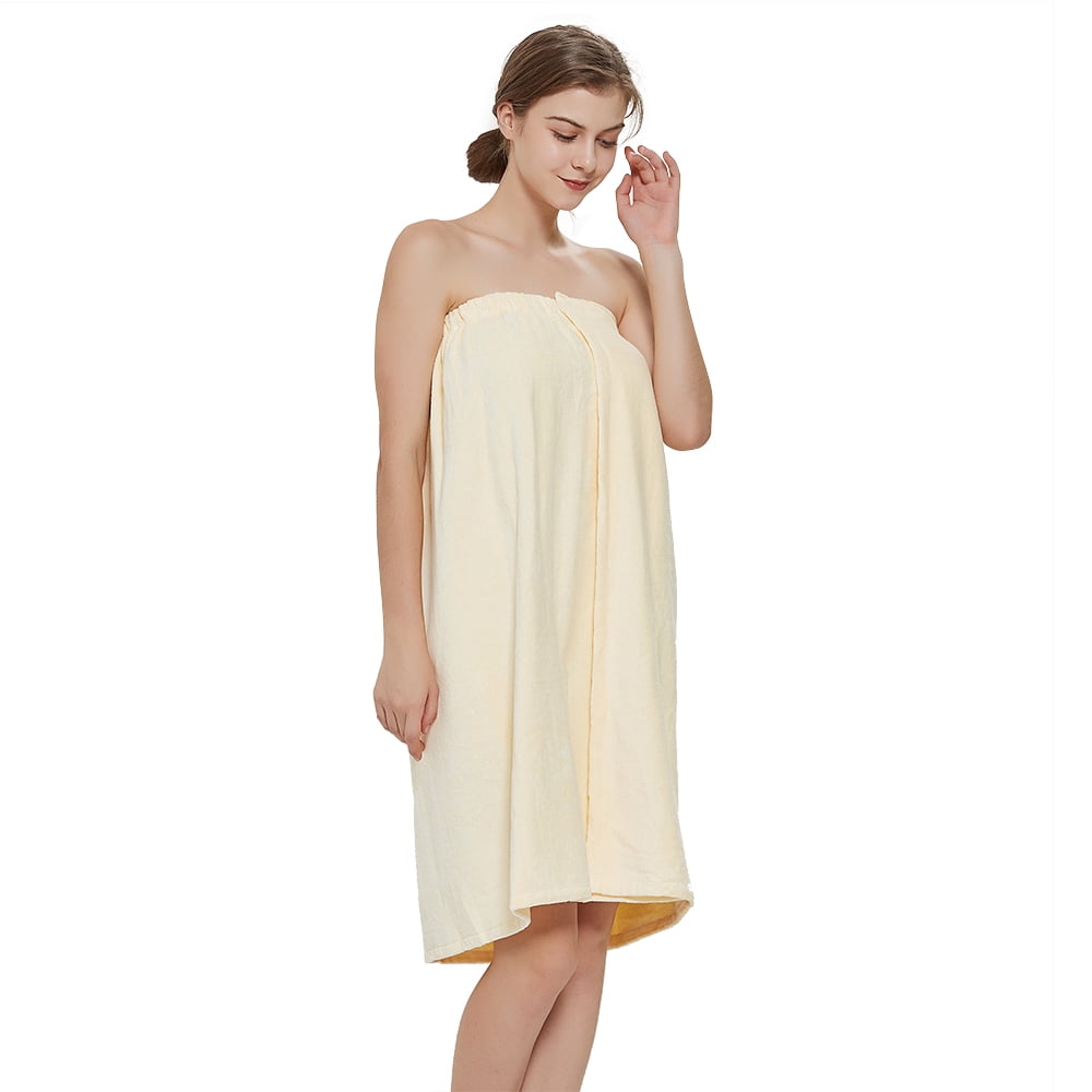 Toptie Women's Cotton Terry Spa Shower Bath Towel Wrap-Light Yellow-S/M