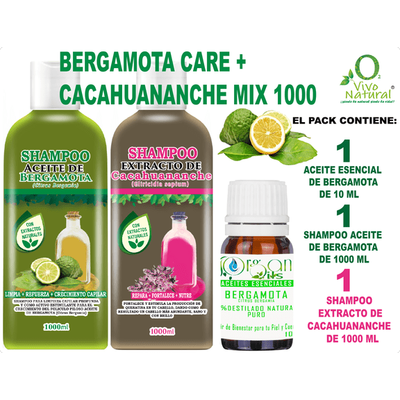 Bergamota Care + Cacahuananche Mix 1000 VIVONATURAL. Shampoo Aceite de Bergamota 1000 ml + Shampoo Extracto de Cacahuananche 1000 ml + Aceite Esencial de Bergamota 10 ml