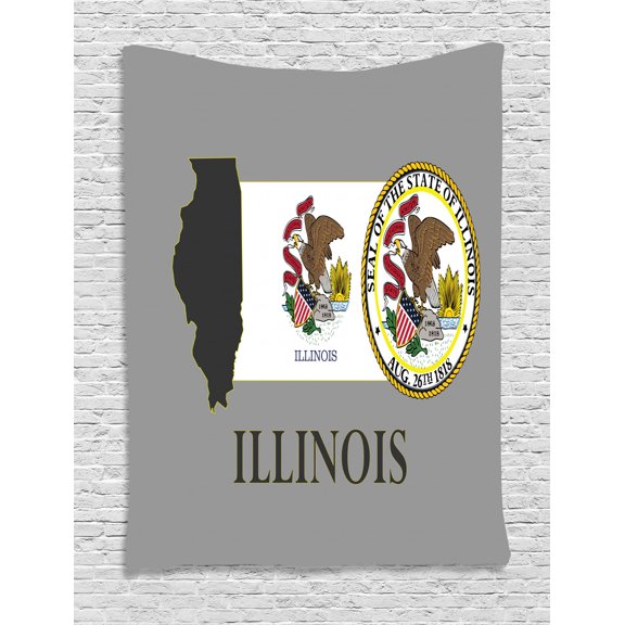 Illinois Tapestry, Illinois State Map National Union Seal Coat of Arms with Eagle American Borders, Wall Hanging for Bedroom Living Room Dorm Decor, 40"W X 60"L, Multicolour, by Ambesonne