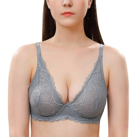 Wingslove Women s Sexy Sheer Lace Bra Underwire Unlined Plunge See Through Push Up Full Coverage Bra Grey 32DD