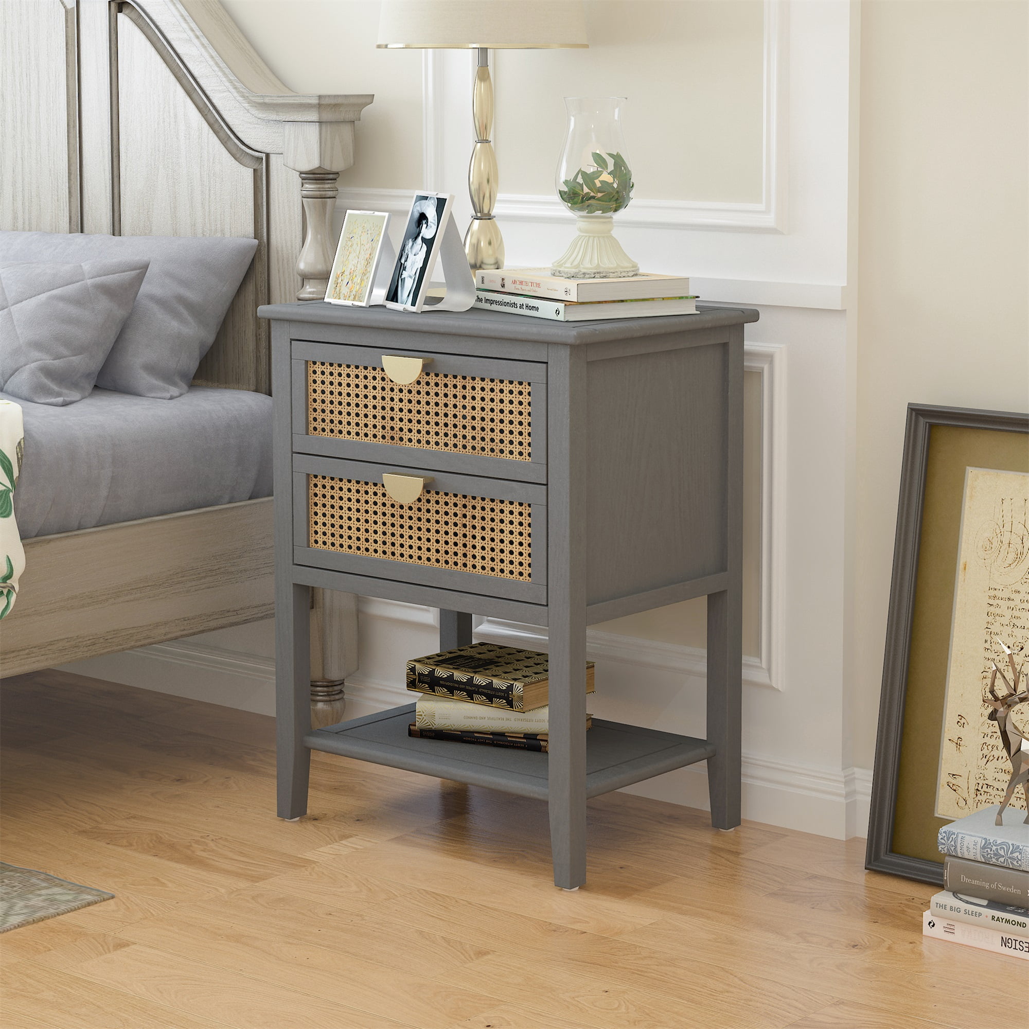 Resenkos Naturel Rattan Nightstand with Open Storage and Drawer for Bedroom Living Room, Rustic Bedside End Table in Gray Resenkos Naturel Rattan Nightstand with Open Storage and Drawer for Bedroom Living Room, Rustic Bedside End Table in Gray