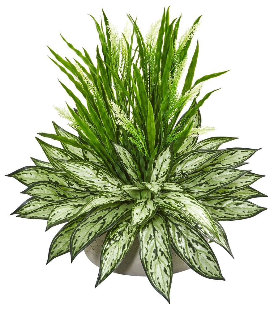 Nearly Natural Silver Queen and Grass Artificial Plant in Stone Planter