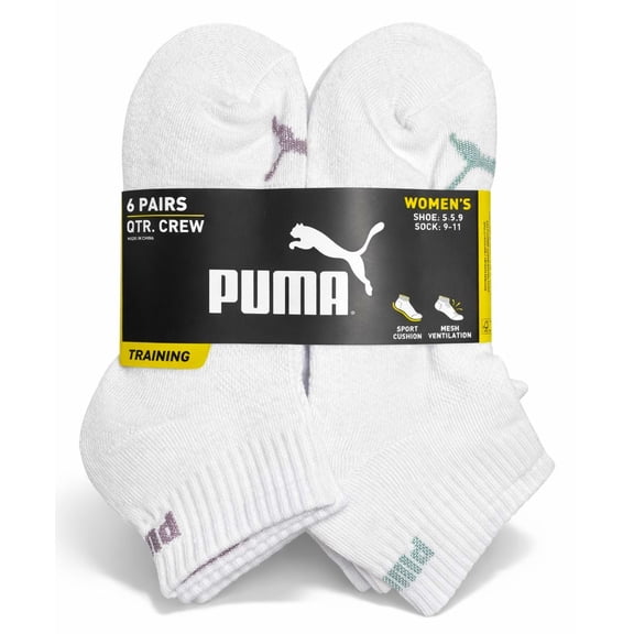 PUMA SOCKS WOMEN'S - QUARTER 263 - FERN WHITE WINE - SHOE SZ 5-9.5 -PACK 6