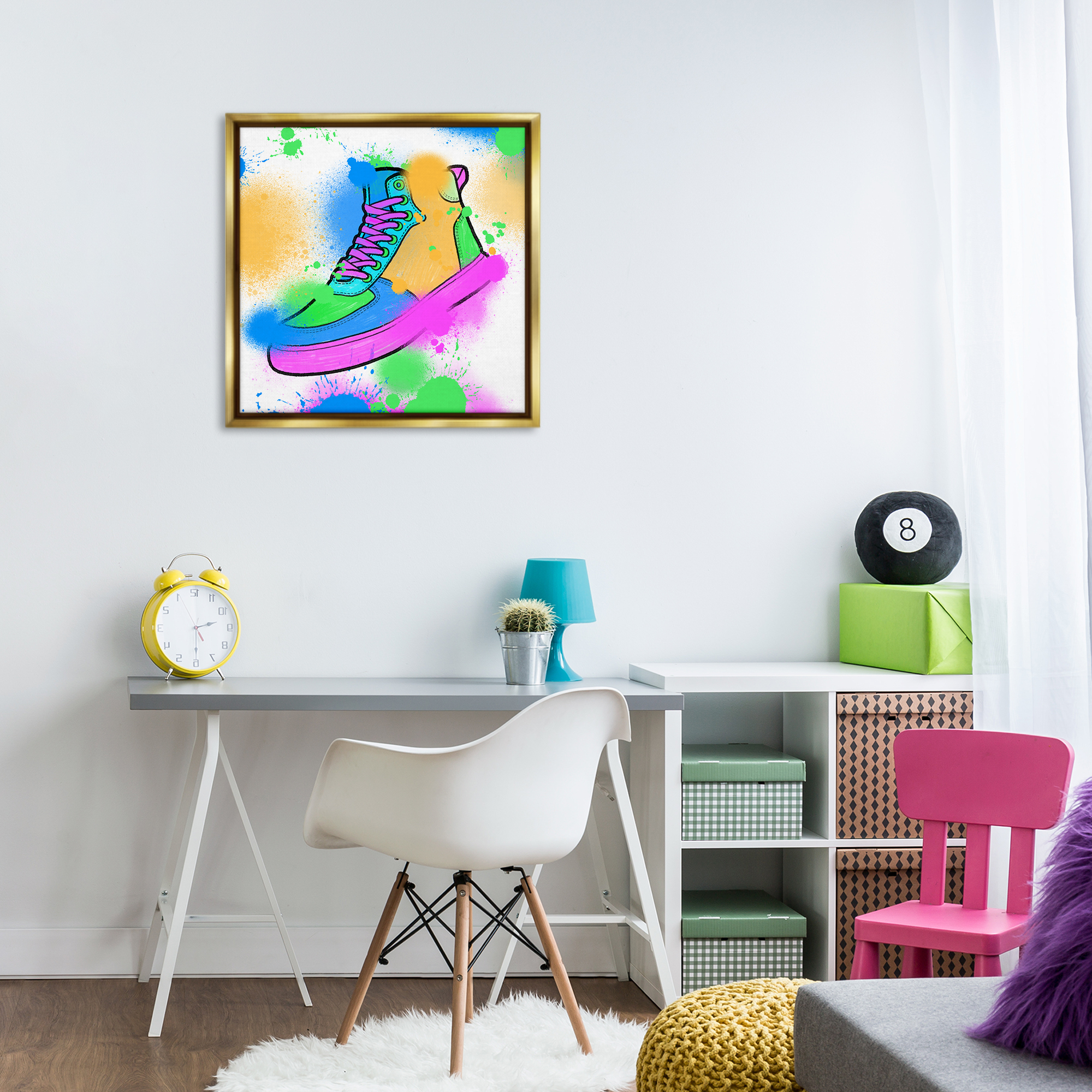 Stupell Industries Splattered Cool Sneakers Entertainment Painting Gold Floater Framed Canvas Art Print Wall Art, 25 x 25