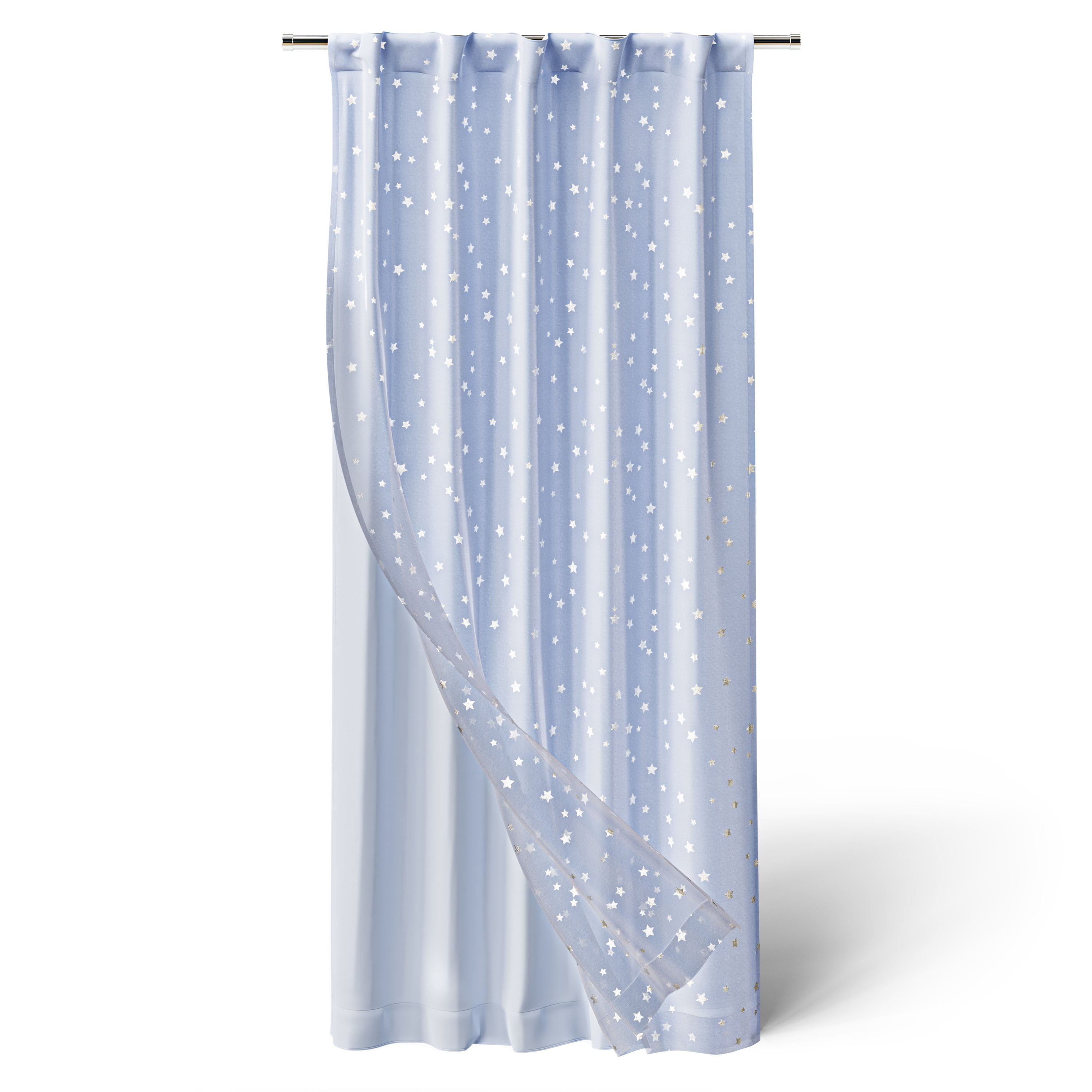 Mainstays Kids Sheer Overlay Blackout Single Curtain Panel, Spring Periwinkle with Metallic Silver Stars, Rod Pocket and Back Tabs, 38 in x 63 in
