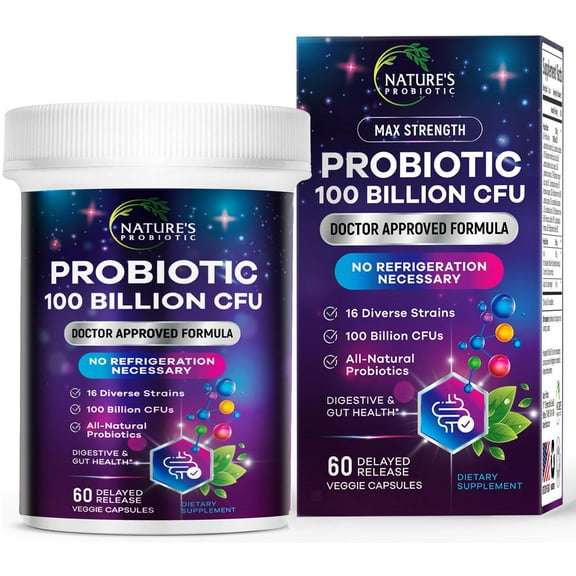Nature's Probiotic 100 Billion CFU - 16 Diverse Strains - Our Best Probiotic Supplement with Prebiotics for Women & Men - Supports Digestive Health, Gas, & Bloating - Bottled in USA - 60 Capsules