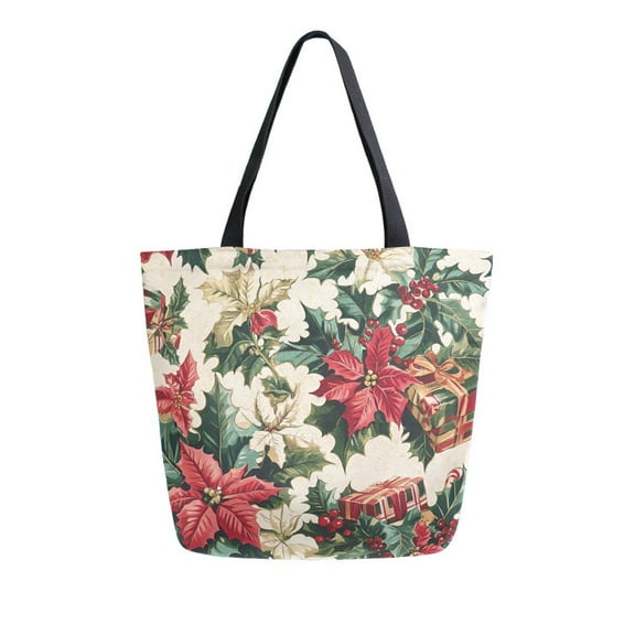 FORMRS Womens Canvas Tote Bag with Zipper Inner Pocket Shoulder Handbag, Red Christmas Poinsettia