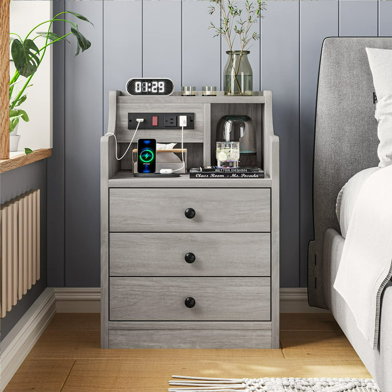 Nightstand with Charging Station&3 Storage Drawers, White Night Stand with Hutch&Door, Modern Bedside Table for Bedroom, Size: 17.7L x 14W x 26.8H