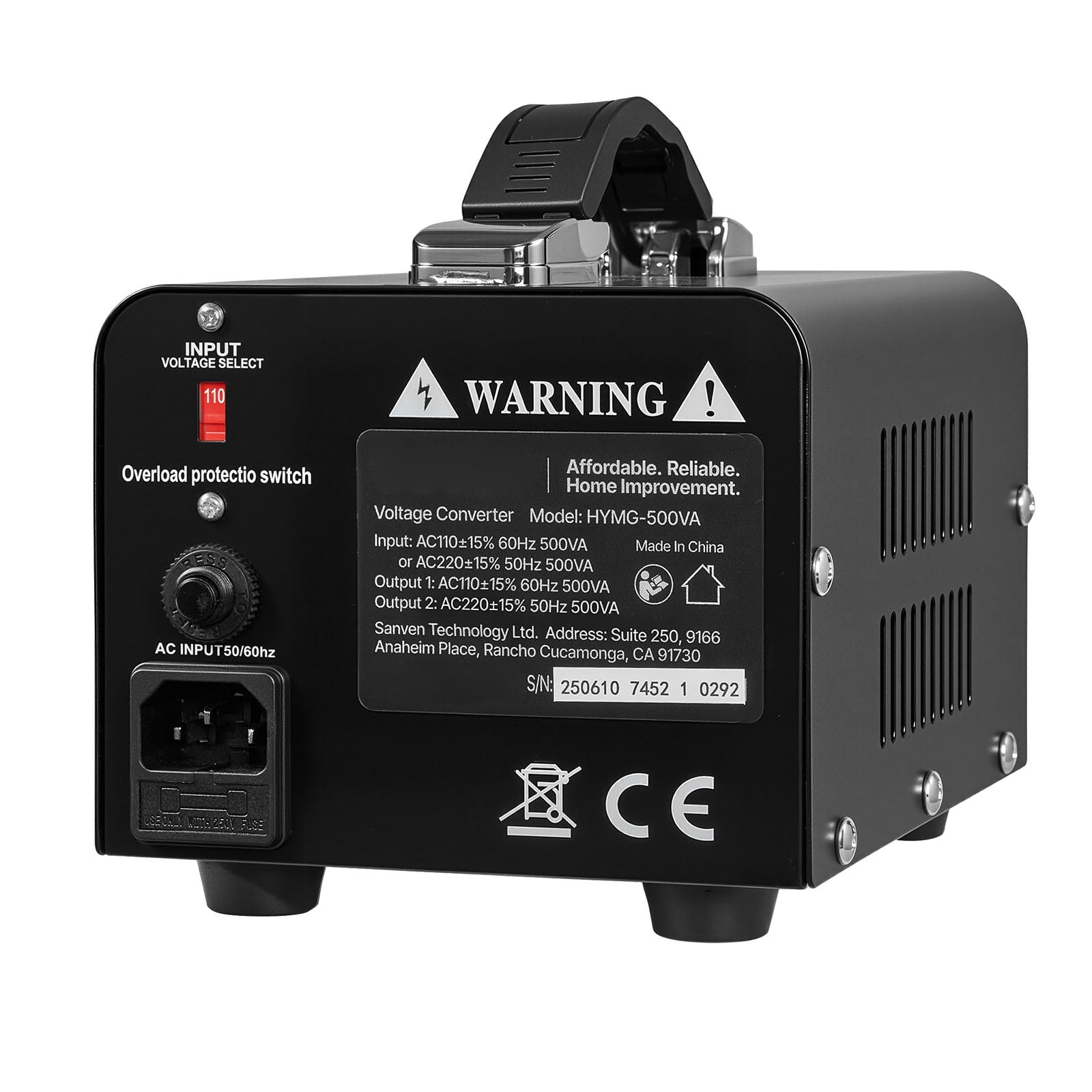 KFFKFF Voltage Converter Transformer, 500VA, Durable Step Up/Down Power Transformer, Switch Between 110V and 220V, Includes US and EU Outlets, Power Cord, and Circuit Breaker Protection