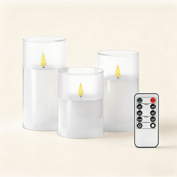 Homemory Flameless Candles Realistic Flickering Dancing Flame Frosted Acrylic Outdoor Waterproof LED Battery Operated with Remote and Timers 3-Count