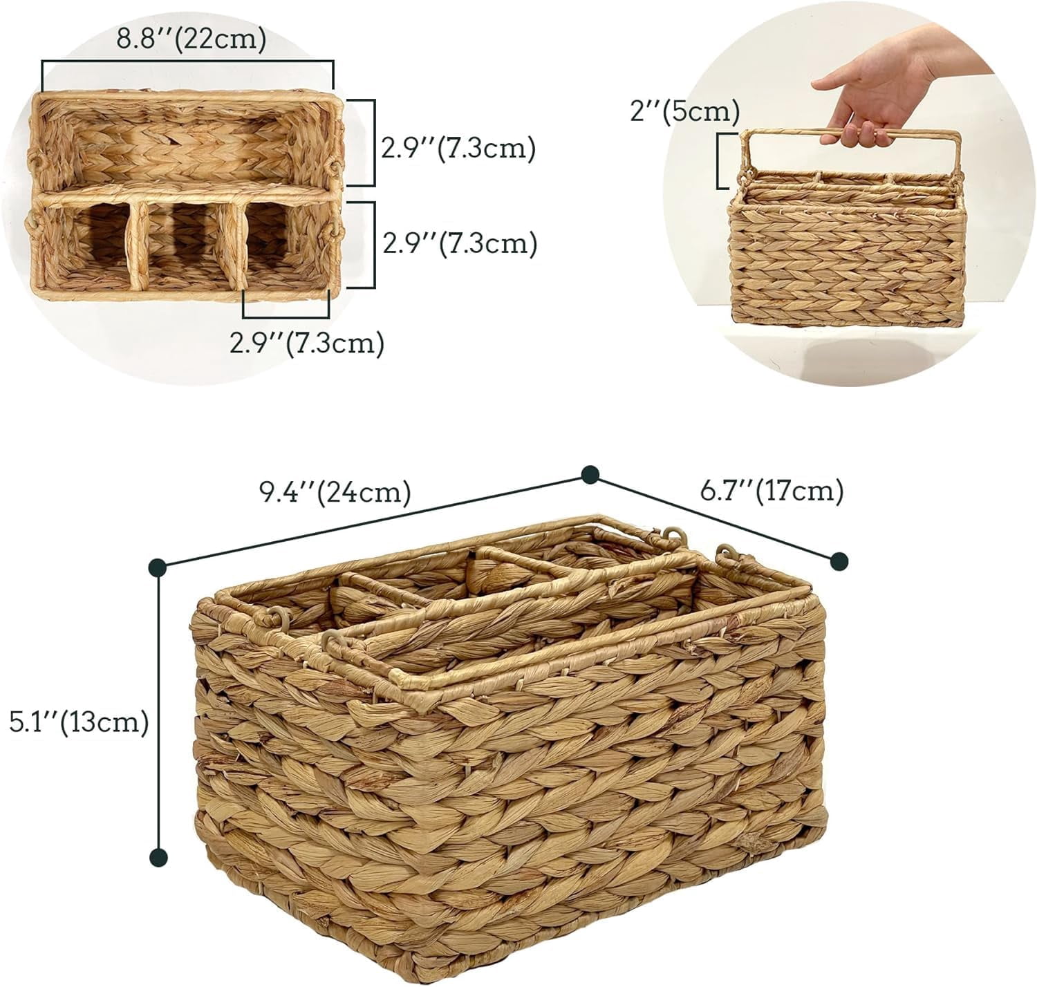 Water Hyacinth Wicker Utensil Caddy Carrier | Water Hyacinth Woven Divided Cutlery Holder for Table - Kitchen Set Counter Top Organizer