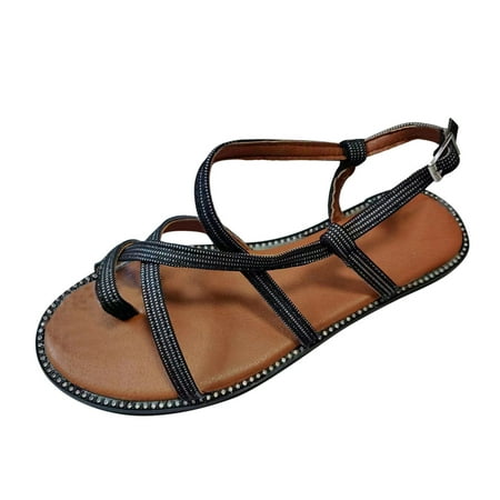 

Ladies Fashion Summer Rhinestone Decorative Pullover Toe Buckle Flat Sandals