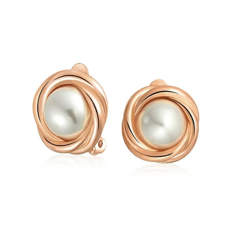 - Simulated Pearl Love Knot Bridal Clip On Earrings 10mm Plated Brass