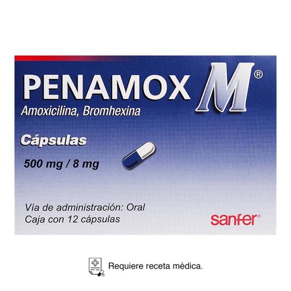 Penamox M Amoxicilina 500 mg, Bromhexina 8 mg 12 cápsulas