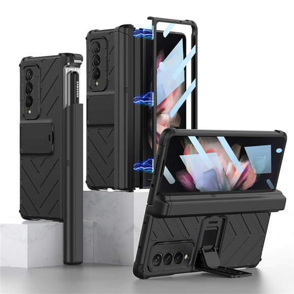 SaniMore for Samsung Galaxy Z Fold 3 Tempered Glass Screen Case, Rugged PC Case with Pen Holder Adjustable Kickstand Wireless Charging Shockproof Protective Case for Samsung Z Fold 3, Black