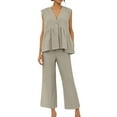 thumbnail image 4 of DDAPJ pyju Business Casual Outfits for Women Cotton Linen 2 Piece Set Deep V Neck Sleeveless Pelpum Tops and Wide Leg Pants Matching Sets Ofertas de la semana Khaki M, 4 of 10