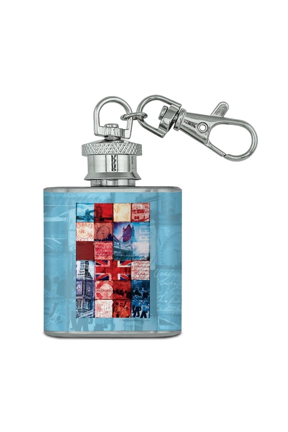 London England Britain Bridge Tile Collage Stainless Steel 1oz Mini Flask Key Chain