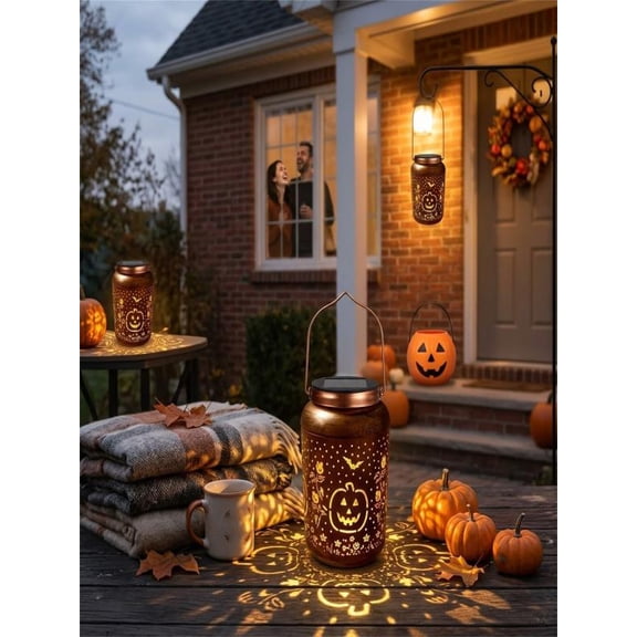 DAMAI Halloween Solar Lanterns Outdoor, Hollow Cut Pumpkin Bat Leaf Patterns Hanging Solar Powered Iron Lamp With Metal Handle,Decor for Patio Lawn Yard Porch & Gifts for Mom Grandma