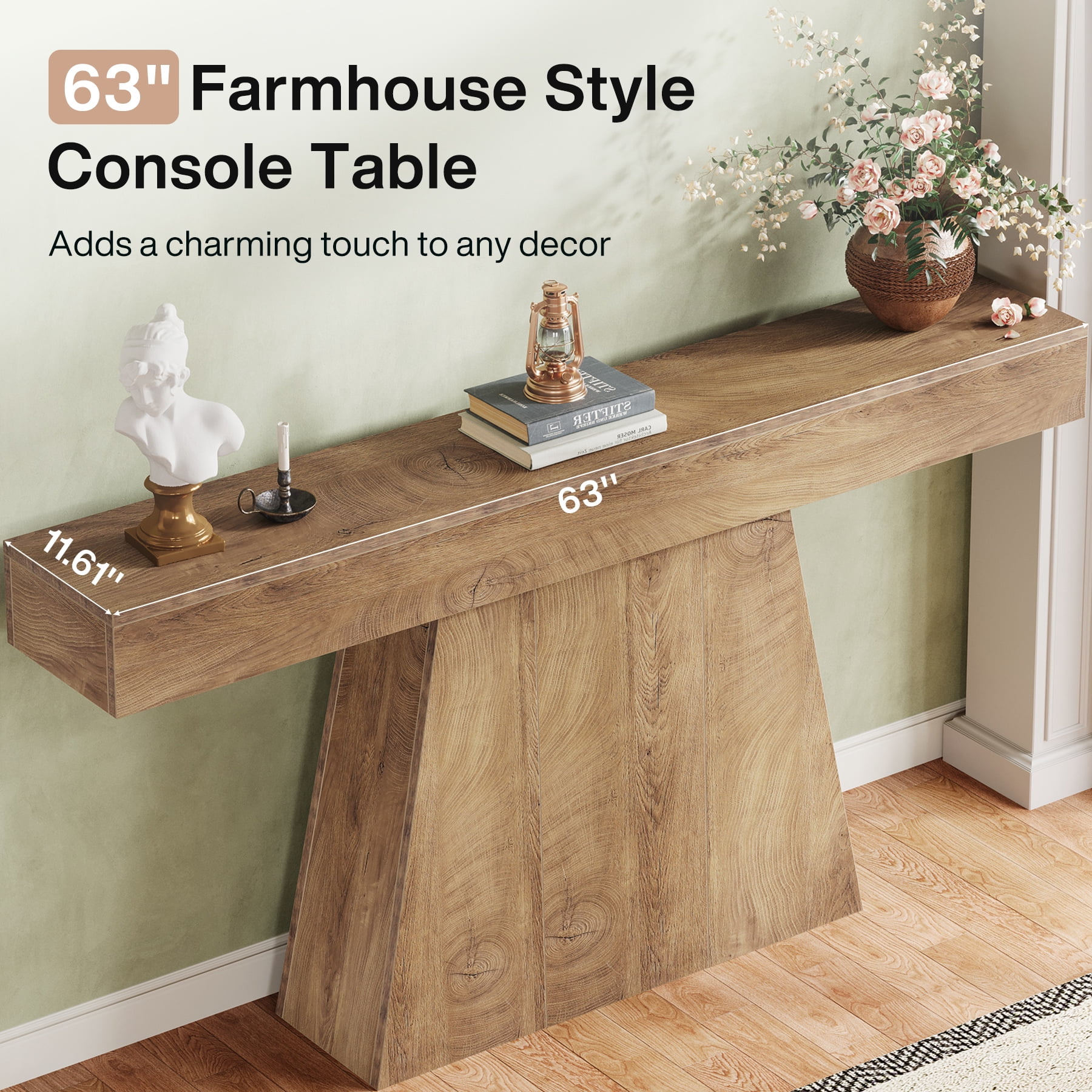 Fnova 63" Farmhouse Console Table, Narrow Wooden Entryway Table, Geometric Base Sofa Table for Living Room, Hallway, Light Brown