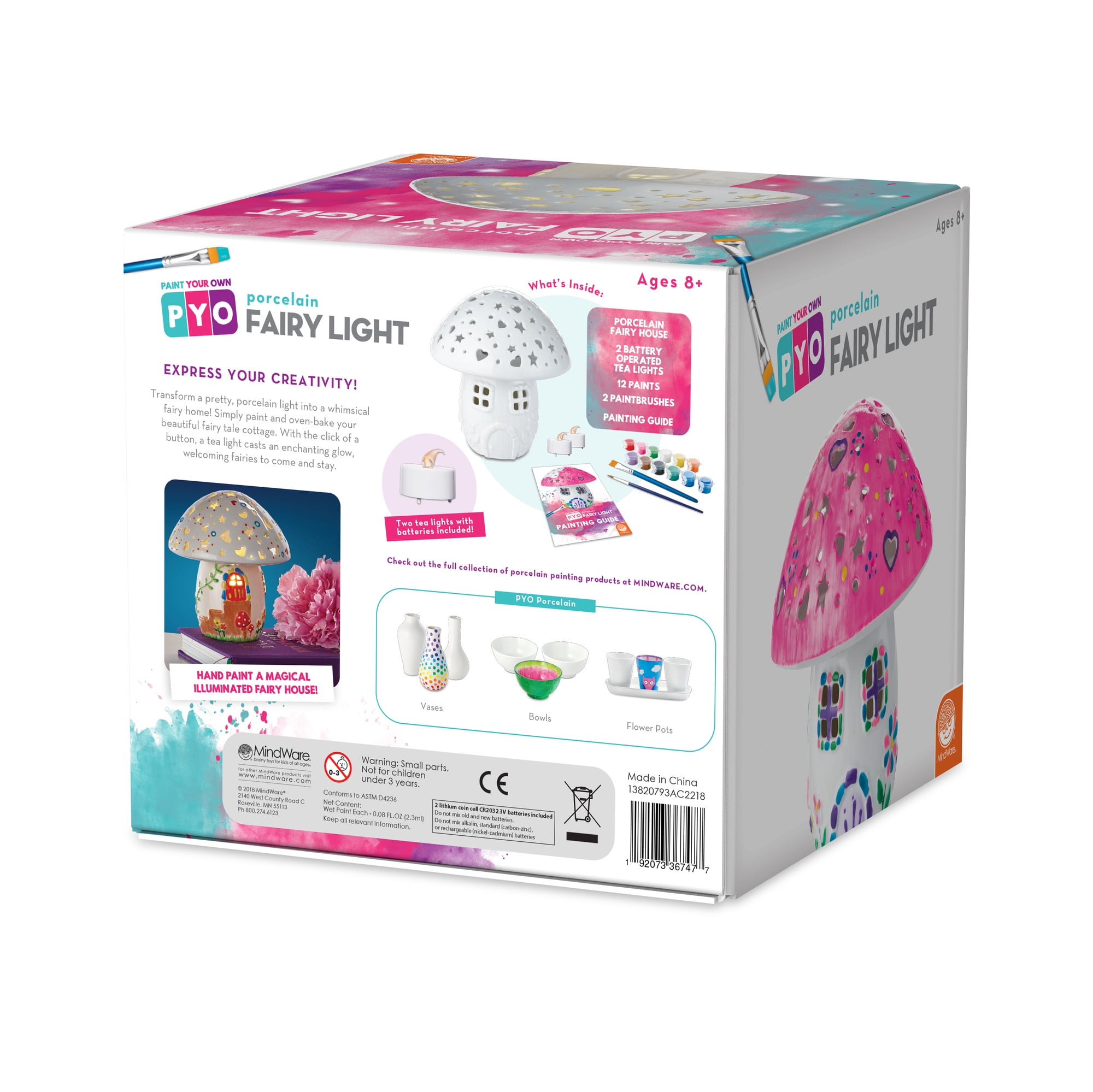 MindWare Paint Your Own Fairy Mushroom House Light, Craft Kit Includes 2 Tea Lights, Paint, Brushes and Instruction Guide