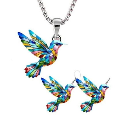 lanema Acrylic Colorful Hummingbird Necklace and Dangle Earrings for Women Elegant Pendant Jewelry Accessories for Daily Wear