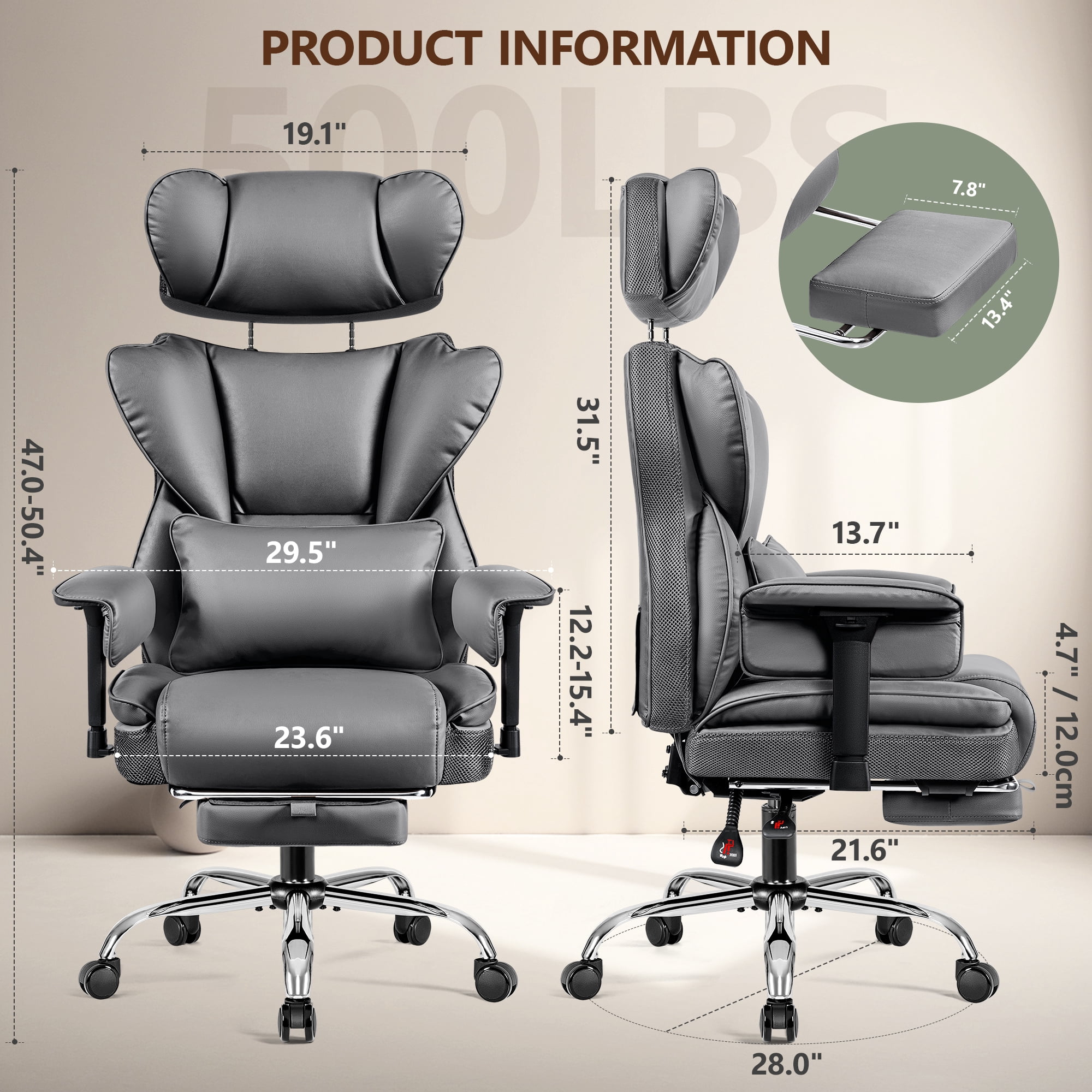 COOLHUT Big and Tall PU Leather Office Chair with Adjustable Headrest & Footrest, Executive Computer Desk Chair with 3D Adjustable Padded Armrest, Ergonomic Office Chair with Lumbar Support, Gray