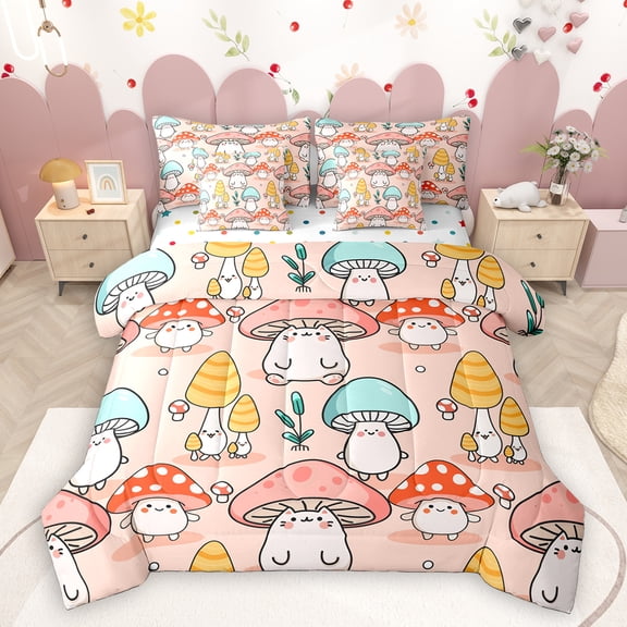 Homewish Colorful Cartoon Mushroom 7-Piece Twin Bedding Sets,Tropical Botanical Plant Bedding Comforter Set,Pink Blue Orange Sheet Sets For Girls Teens,Ultra Soft Home Decor Reversible