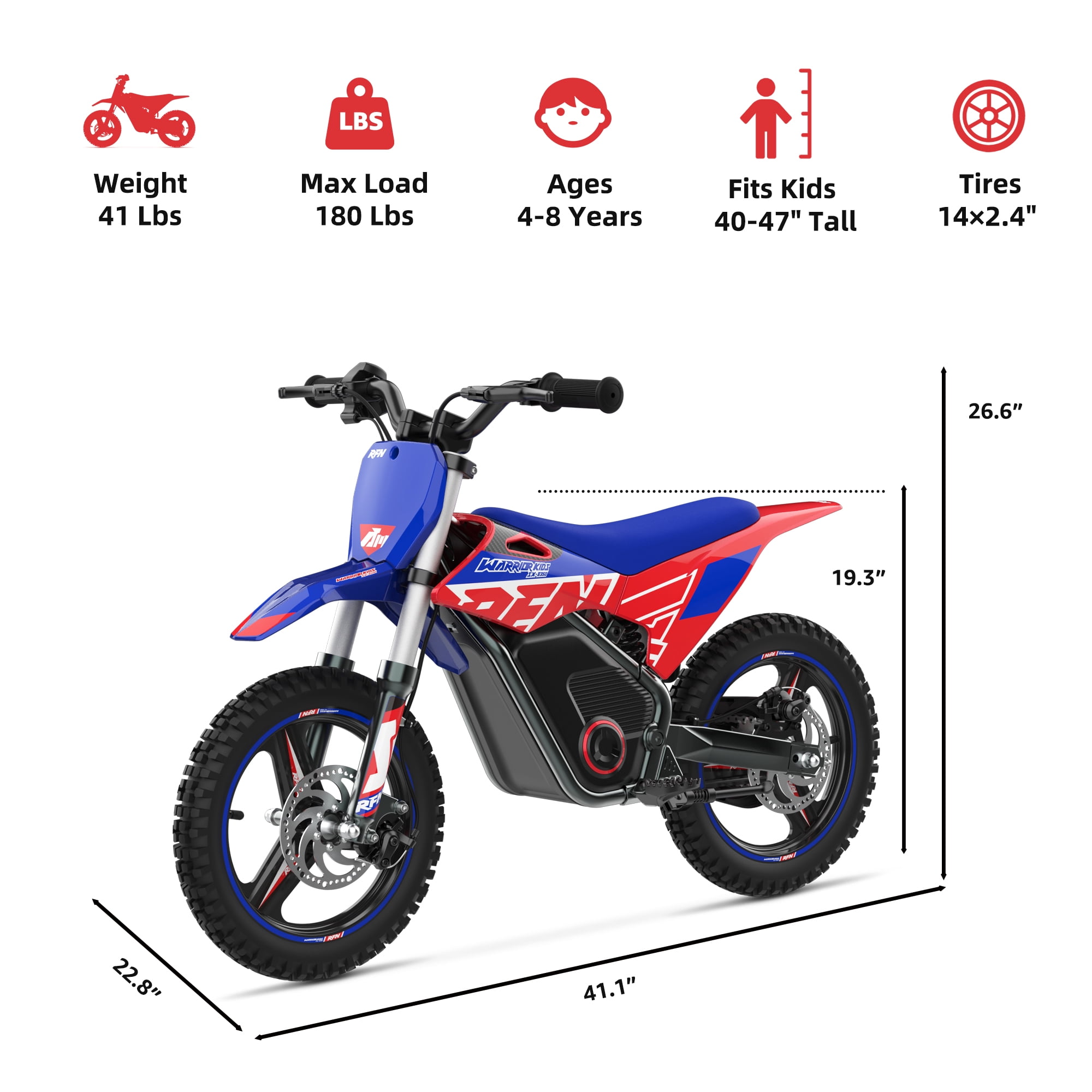 RFN Warrior Kids350 Electric Dirt Bike for Kids, 36V 500W Peak Brushless Kids Dirt Bike, 18.6 MPH Max Speed, 3-Speed Modes, 14" Magnesium Wheels, Dual Disc Brakes