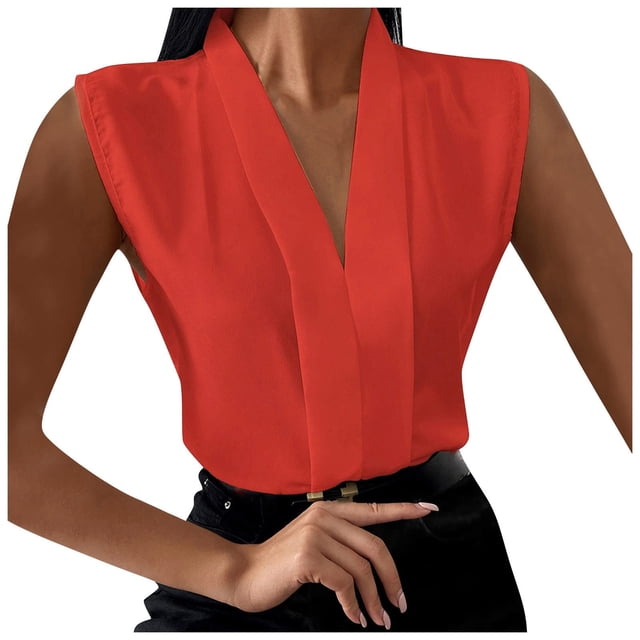 Camisas elegantes sin mangas con solapa de oficina para mujer, blusa de trabajo informal de Color sólido, chaleco, camisetas holgadas con cuello en V, camisetas sin mangas Pompotops lopia997495