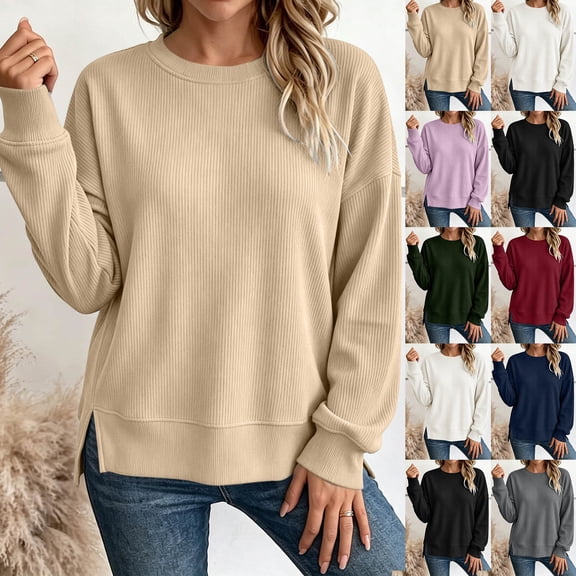 Feancey Oversized Ribbed Tops for Women Side Slit Casual Long Sleeve Blouse Loose Fit Lightweight Knitted Pullover Solid Color Crewneck Fall Sweaters Army Green L