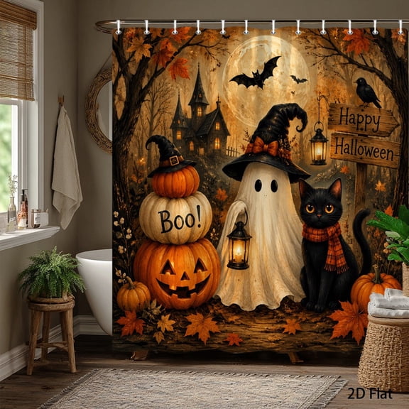 Vintage Halloween Ghost Black Cat Pumpkin Witch Hat Haunted Castle Print Shower Curtain With Hooks Rustic Fall Bathroom Decor