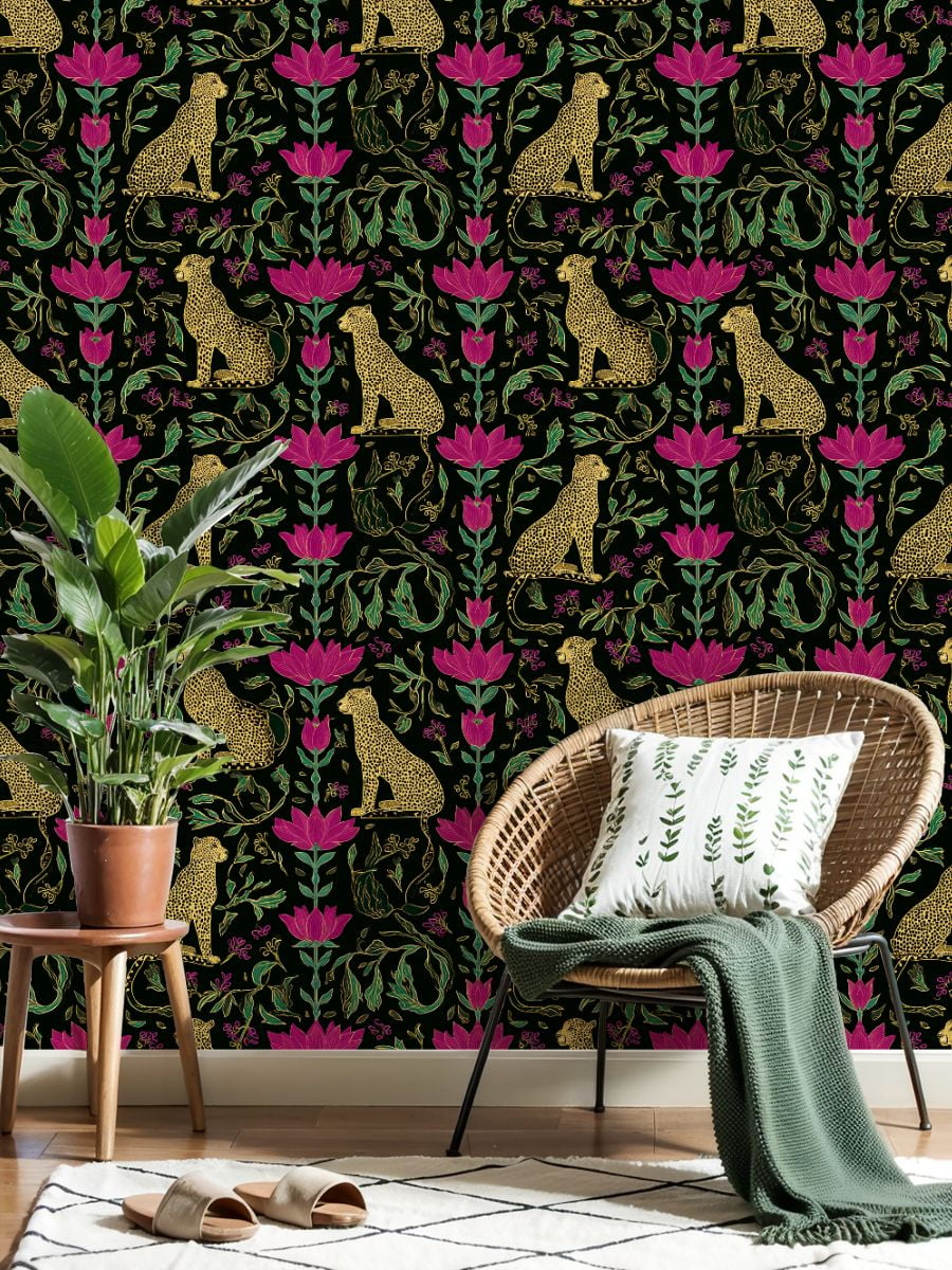 Cheetah Peel and Stick Wallpaper 17.7in x 9.8ft Golden Cheetah Lotus Floral Black Contact Paper Vinyl Waterproof Self Adhesive Wall Paper for Bedroom Shelf Cabinet Renter Friendly