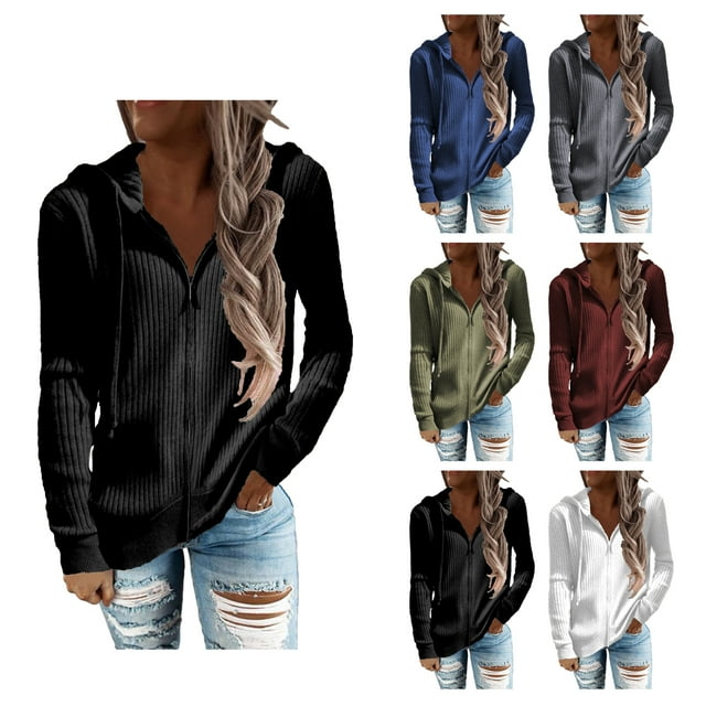 Sudaderas Con Cremallera ANGGREK Abrigo Con Cordón Rib Knit Color Puro Negro L