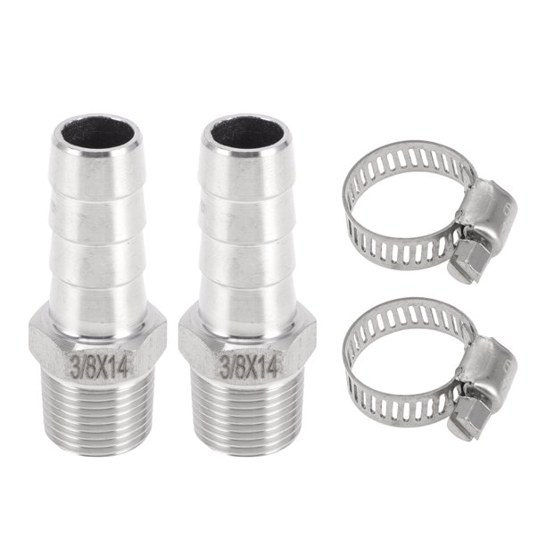 Accesorios de manguera Unique Bargains con 2 abrazaderas, accesorio de compresión de rosca macho para aire, agua, aceite, gas, combustible, acero inoxidable 35/64" OD 3/8" BSPT 1 juego tono plateado