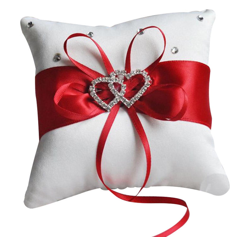 EG_ Romantic Wedding Ring Box Pillow Double Heart Ribbon Cushion Holder Decor Ho 