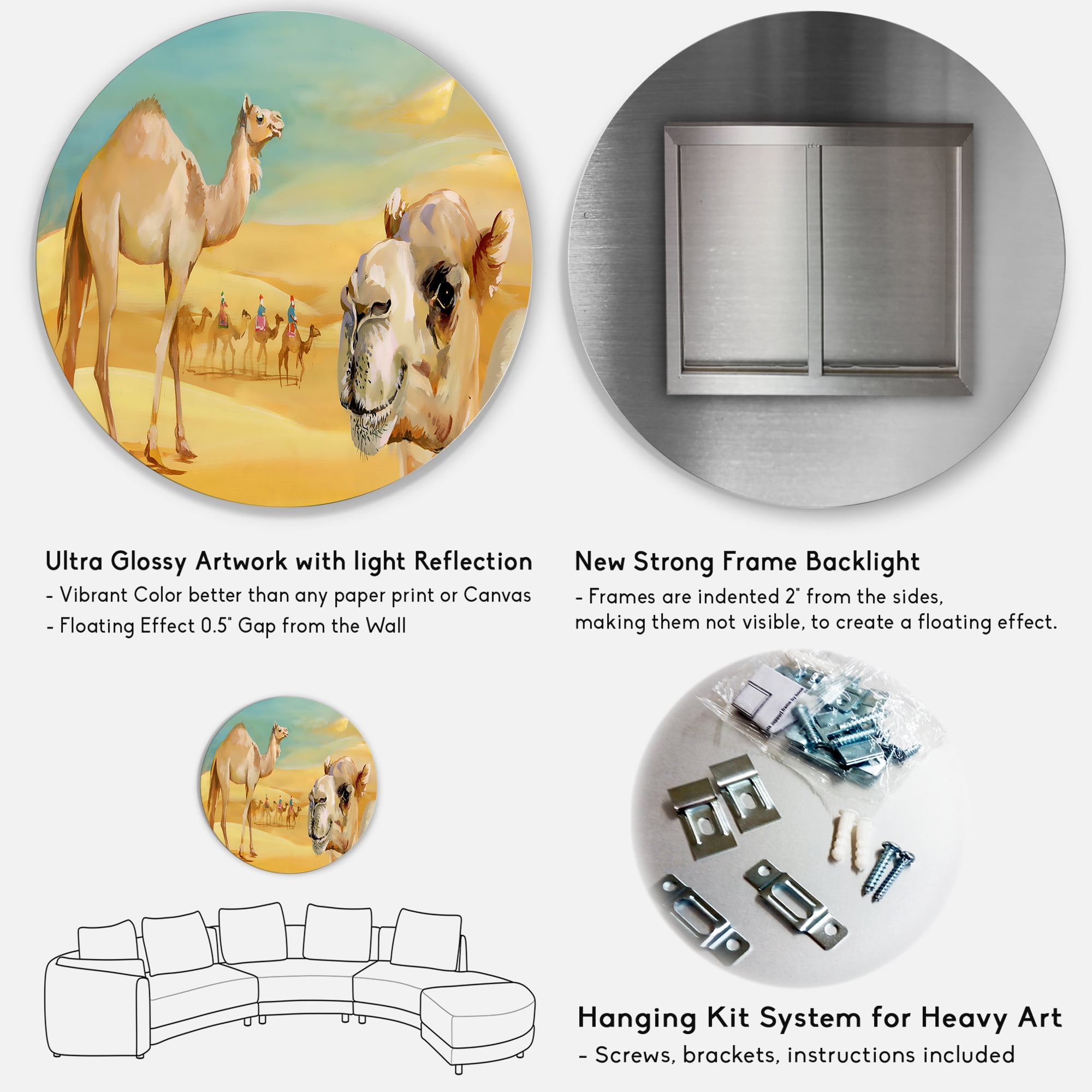Designart 'Camels In Wild Desert II' Farmhouse Circle Metal Wall Art 29x29 - Disc of 29
